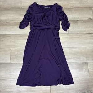 Ever Pretty Dress Purple Puffed Shoulders Rouched Waist Faux Crossover Sz 10